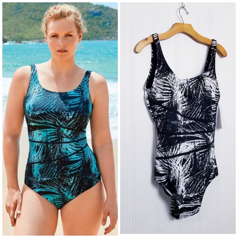 Swimsuits For All Tummy Control One Piece Black White Swim Size 16 NWT
